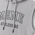 Heather grey sleeveless hoodie close-up of chest logo print and drawstring hood
