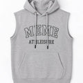 Heather grey sleeveless hoodie vest with hood and front pocket, drawstring cords
