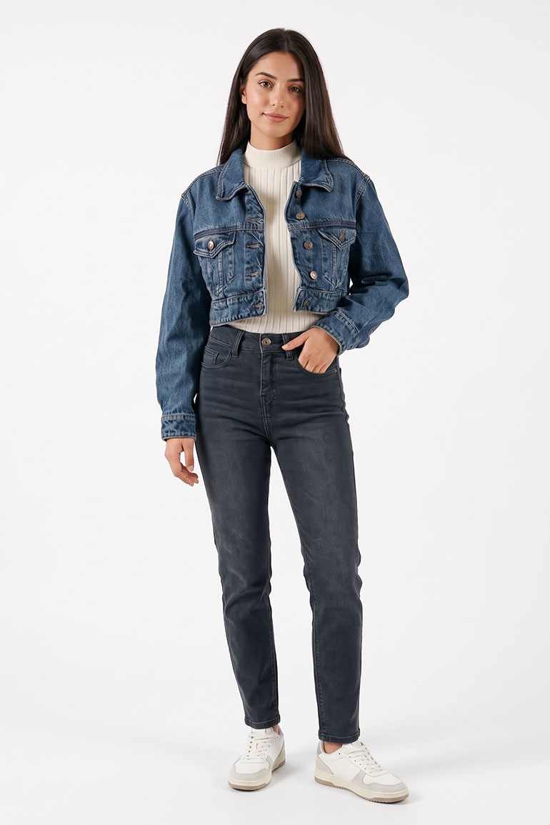 CROPPED DENIM JACKET FOR WOMEN - BLUE GREY