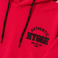 Cherry red hoodie chest logo with black drawstring cords