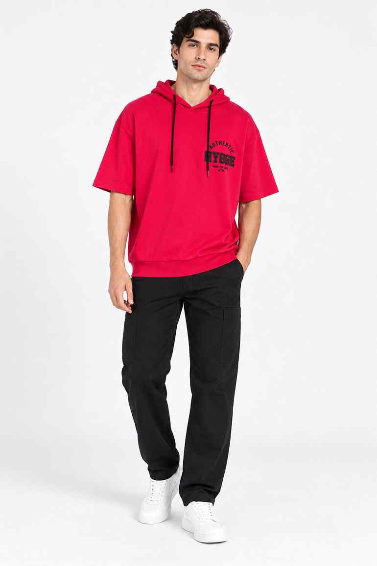 Men's cherry red short-sleeve hoodie with drawstring hood and front logo