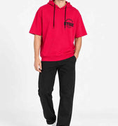 Men's cherry red short-sleeve hoodie with drawstring hood and front logo