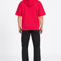 Men's cherry red short-sleeve hoodie, drawstring hood, kangaroo pocket