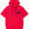 Cherry red short-sleeve hoodie with hood and front logo