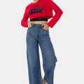 Women’s cherry red printed long-sleeve crop T-shirt with DREAM graphic