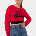Women’s cherry red long-sleeve crop T-shirt, crew neck, DREAM graphic print