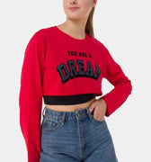 Women’s cherry red long-sleeve crop T-shirt, crew neck, DREAM graphic print
