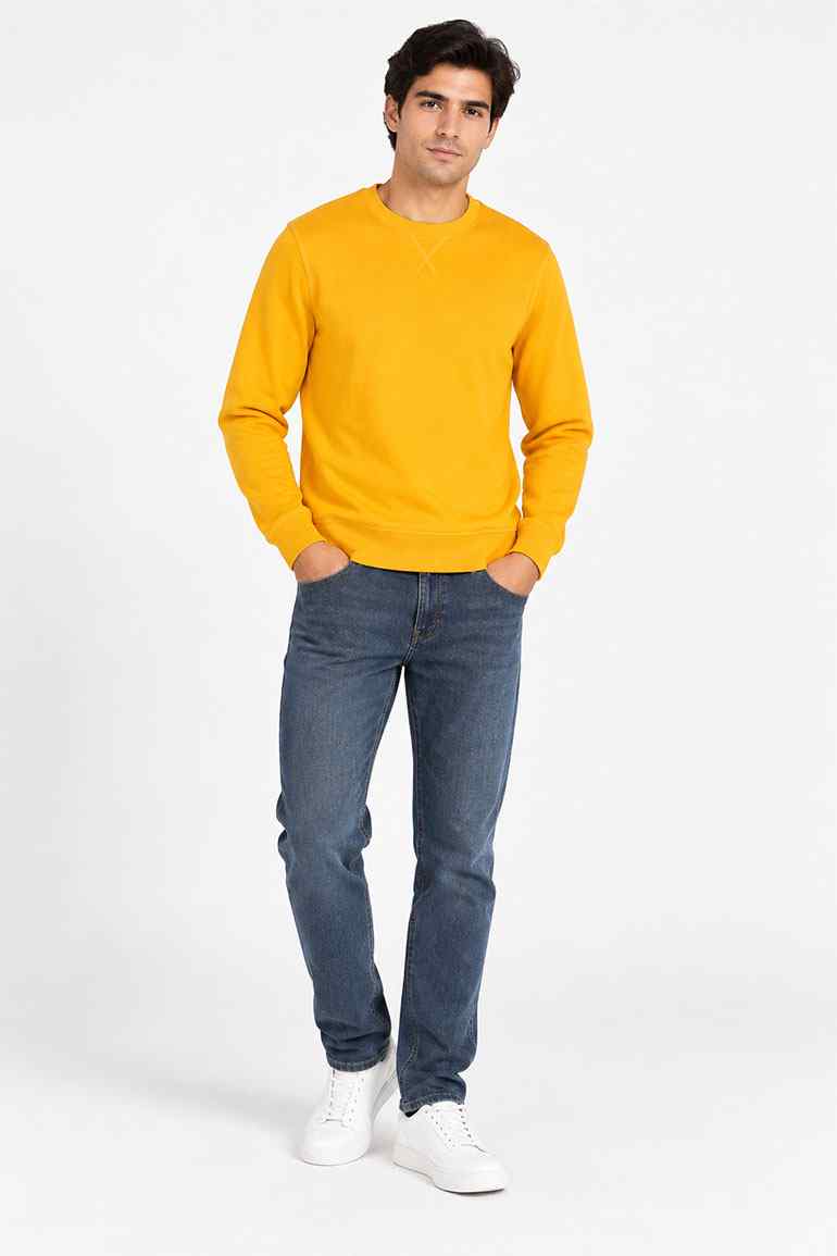 Men's orangey-yellow solid crewneck sweatshirt, long sleeves, worn on model.