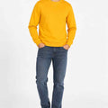 Men's orangey-yellow solid crewneck sweatshirt, long sleeves, worn on model.