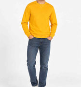 Men's orangey-yellow solid crewneck sweatshirt, long sleeves, worn on model.