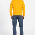 Men's orangey-yellow solid crewneck sweatshirt, plain back, ribbed cuffs and hem.
