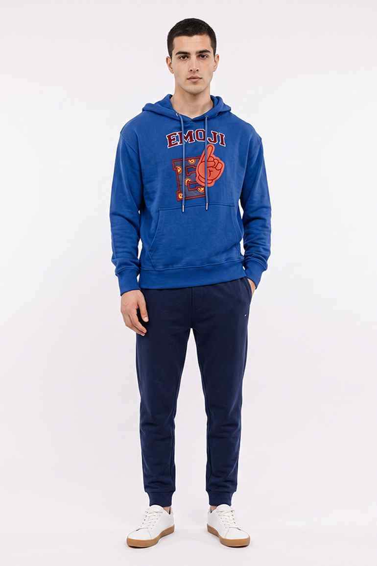 Men's blue printed hoodie with front logo graphic and drawstring hood