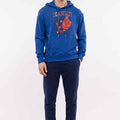 Men's blue printed hoodie with front logo graphic and drawstring hood