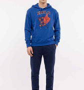 Men's blue printed hoodie with front logo graphic and drawstring hood