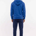 Men's blue printed hoodie back view with hood and drawstring