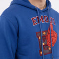 Men's blue hoodie close-up of front graphic and drawstring hood
