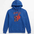 Men's blue printed hoodie front view with emoji graphic and kangaroo pocket