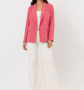 Womenâ€™s pink tailored blazer with notch lapels and button front