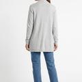 Long grey open-front cardigan sweater with ribbed knit and long sleeves, back view.