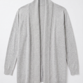 Grey long ribbed knit cardigan with draped back yoke, flat lay.