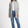 Long grey open-front cardigan sweater with ribbed knit and draped front, front view.