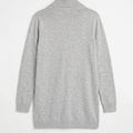 Long grey knit cardigan with ribbed high neck and long sleeves, flat lay.