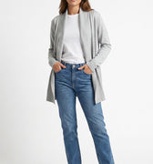 Long grey open-front cardigan sweater with ribbed knit drape, full-body front view.