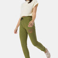 Women's khaki jogger pants with drawstring waist and EPIC CROWD front logo