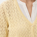 Ecru pointelle knit cardigan close-up of V-neck placket and button