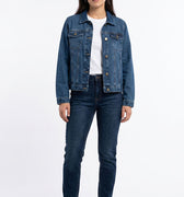 Womenâ€™s mid-blue denim jacket with chest flap pockets and button cuffs, button-front.