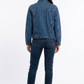 Womenâ€™s mid-blue washed denim jacket, back yoke and button details, long sleeves.