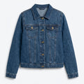 Womenâ€™s mid-blue washed denim jacket, button-front with flap chest pockets, long sleeves.