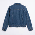 Womenâ€™s washed mid-blue denim jacket, button-front, point collar, long sleeves.