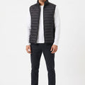 Black quilted puffer vest for men with stand collar and zip-front, front view
