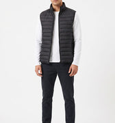 Black quilted puffer vest for men with stand collar and zip-front, front view
