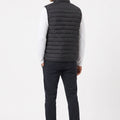 Black quilted puffer vest with stand collar, back view