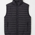 Black quilted puffer vest with zip-front and side zip pockets, front view