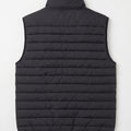 Black quilted puffer vest with stand collar, back view (sleeveless)
