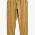 Khaki jogger trousers with drawstring cord, ribbed cuffs, relaxed tapered fit