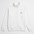 Men's white zip-up sweat jacket with stand collar, full front zipper, ribbed cuffs