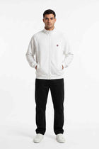 Men's white zip-up sweat jacket, full zipper, ribbed cuffs and hem