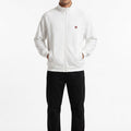 Men's white zip-up sweat jacket, full zipper, ribbed cuffs and hem
