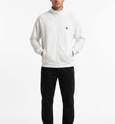 Men's white zip-up sweat jacket, full zipper, ribbed cuffs and hem