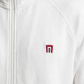 Men's white zip-up sweat jacket with red-and-black chest logo patch