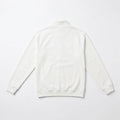 Men's white zip-up sweat jacket back view, ribbed hem and cuffs