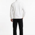 Men's white zip-up sweat jacket back, full zipper, ribbed cuffs and hem