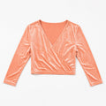 Peach velvet wrap blouse with long sleeves and V-neck, fitted cropped front