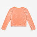 Peach velvet wrap blouse with V-neck and long sleeves, cropped length