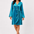 WomenÃ¢â‚¬â„¢s teal velvet wrap dress with V-neck and tied waist detail, flared skirt