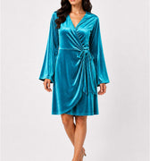 WomenÃ¢â‚¬â„¢s teal velvet wrap dress with V-neck and tied waist detail, flared skirt